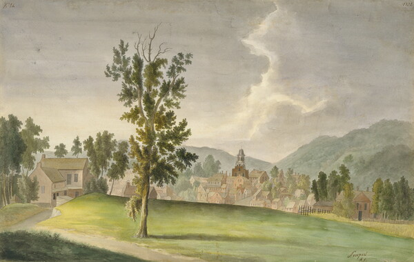 A watercolor landscape of a farmhouse on a hill that overlooks a city nestled in a valley between hills.