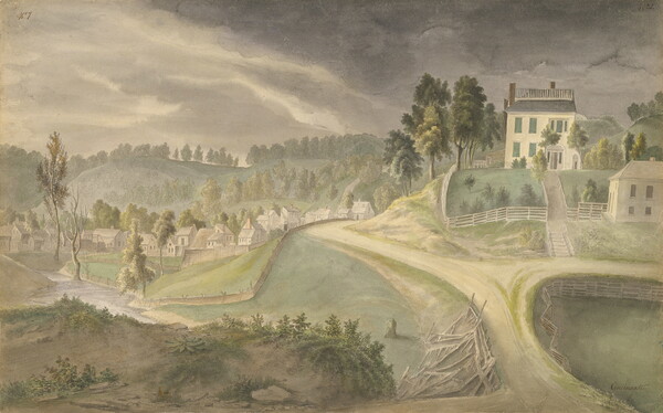 A watercolor of a large house and green yard surrounded by a white fence overlooking a town nestled in the hills.