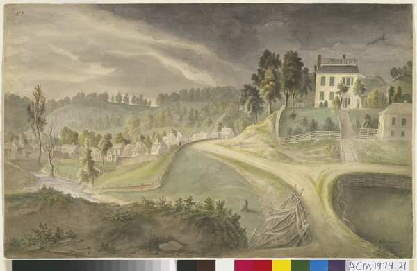 A watercolor of a large house and green yard surrounded by a white fence overlooking a town nestled in the hills.