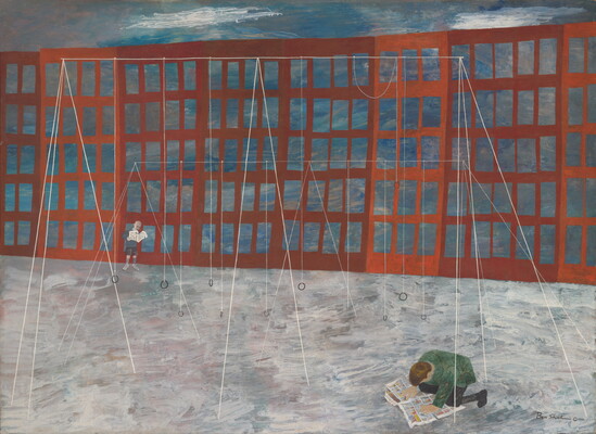 A painting of two children reading comics on a playground outside of an apartment building.