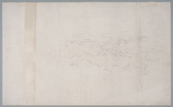 A faint pencil sketch of a bird's eye view of a town showing its grid of streets.