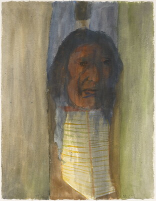 A loosely painted watercolor of a Native American person, single feather atop long dark hair, and what looks like a beaded breastplate on their chest.