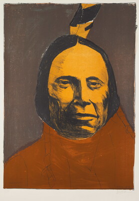An abstract color print in earth tones of a Native American man, a single feather on his head, and red blanket around his neck and shoulders.