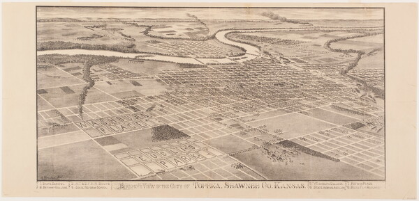 A black-and-white print of a bird's eye view of a city, showing its grid of streets, on the banks of a winding river and trains traveling in the distance.