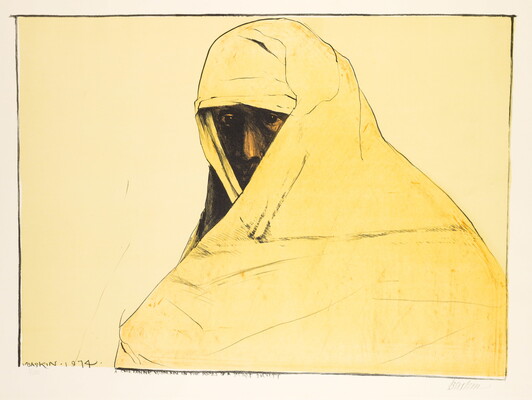 A color print of a figure, eyes and nose in shadow, whose head and shoulders are wrapped in a yellow cloth.