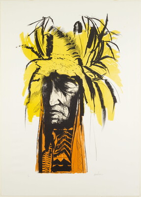 An abstract color print the face of an Indigenous person with yellow feather-like designs around the head, and orange bead designs under the chin.