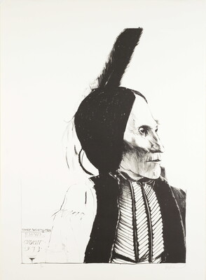 A black-and-white portrait print of an Indigenous person in profile, a feather standing up from their head, wearing a bone breastplate.