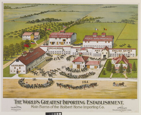 A color print of a bird's eye view of horses and trainers gathered outside of a barn complex with "The World's Greatest Importing Establishment" written under the scene.