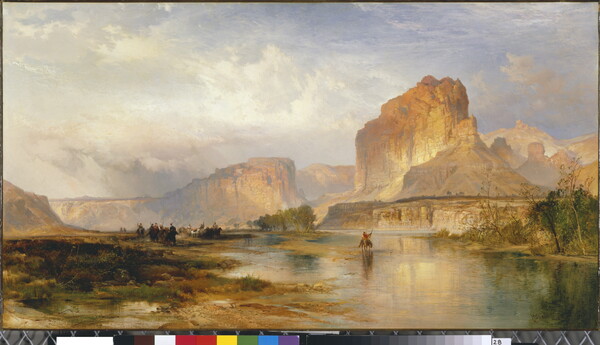 An oil painting of a majestic view of reddish cliffs and people on horseback crossing a river.