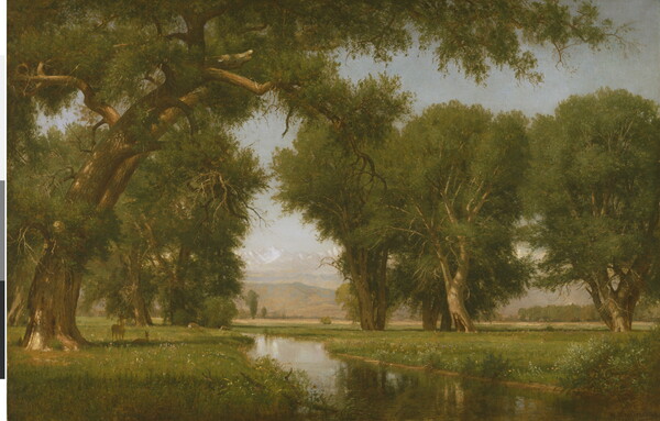 An oil painting of a calm river surrounded by large, leafy trees on a grassy plain with mountains in the distance.