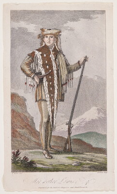 A color print of a portrait of Meriwether Lewis wearing deerskin clothing, a powder horn over his shoulder and posing with a rifle.