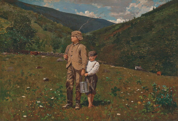 An oil painting of two young White boys walking through the field of a rural farm.