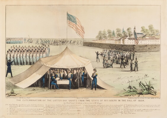 A color print of uniformed figures watching the signing of a document in a tent; military figures stand in formation outside as other soldiers chase away groups of people.