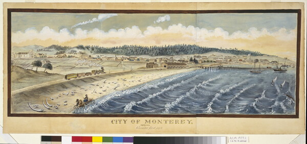 A landscape watercolor of a shoreline, with bright blue waves with white tips meeting the edge of a growing and bustling town.