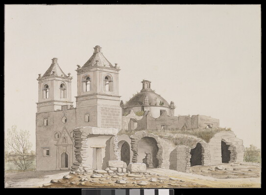 A mixed-media watercolor of a Spanish Colonial-style church with stone ruins beside it.