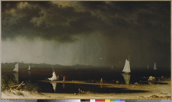 A painting of boats on calm water with an impending thunderstorm raging in the distance.