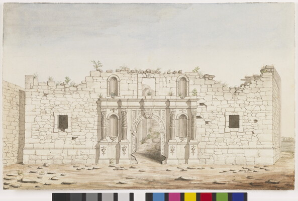A mixed-media watercolor of a Spanish Colonial-style church in ruins.