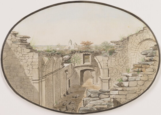 An oval-shaped watercolor painting of the interior of the ruins of a stone church without a roof.