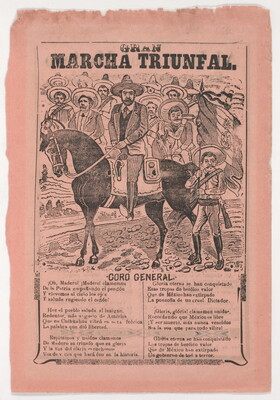 A black-and-white print illustration on red paper of a man in a hat on horseback and a crowd of men behind him above text in Spanish.