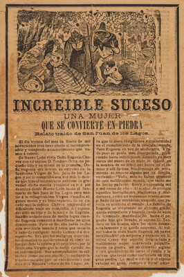 A black-and-white print of an illustration of a woman leaning against something behind her as two adults and a child react with surprise; a headline and text in Spanish are below the illustration.