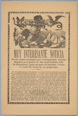 A print showing a cartoon-ish man eating a child and two dragon-like creatures flying around him with a headline in Spanish that reads, "Muy interesante noticia" above an article.