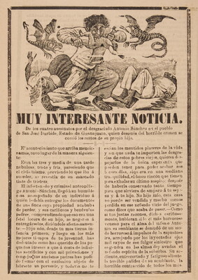 A print showing a cartoon-ish man eating a child and two dragon-like creatures flying around him with a headline that reads, "Muy interesante noticia" above an article.