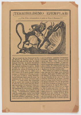 A yellowed black-and-white print of two horned devils with long tails dragging a young girl away from a person laying on the ground above Spanish text.