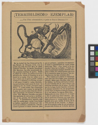 A yellowed black-and-white print of two horned devils with long tails dragging a young girl away from a person laying on the ground above Spanish text.