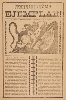 A yellowed black-and-white print of two horned devils with long tails dragging a young girl away from a person laying on the ground above Spanish text.