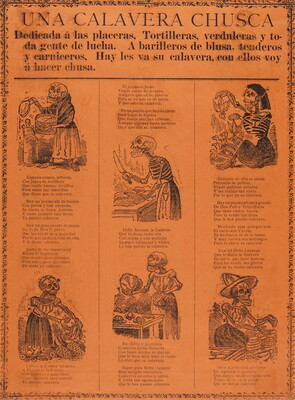 A black-and-white print on orange paper of Spanish text with images of skeletons preparing food.