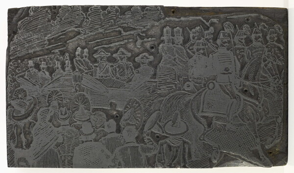 An engraved metal printing plate of a crowd of people surrounding two carriages pulled by uniformed figures on horseback.