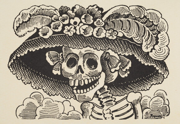 A black-and-white print of the head and shoulders of a skeleton wearing a large, lacy hat with feathers and flowers.