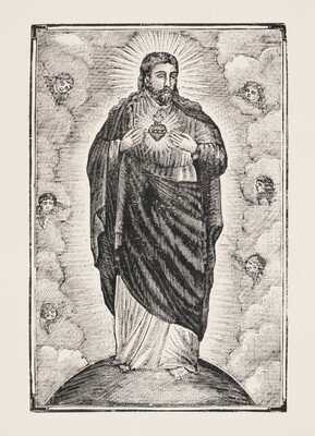 A black-and-white print of a Christ figure draped in robes that reveal the Sacred Heart and surrounded by cherubs.