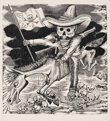 A black-and-white print of a skeleton wearing a sombrero, a rifle slung across his back, holding a flag with a skull and crossbones, and riding a galloping skeletal horse over skulls.