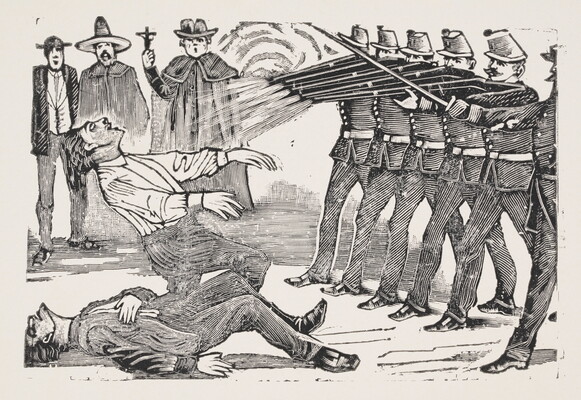 A black-and-white print illustration of a line of soldiers firing their rifles at two men as a priest and two others watch.