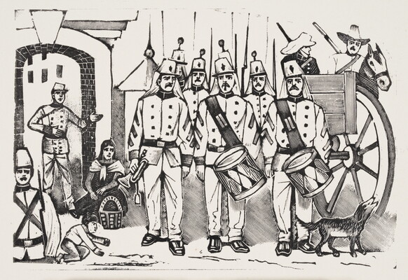 A black-and-white print illustration of a military band marching in a public space as spectators and dogs watch.