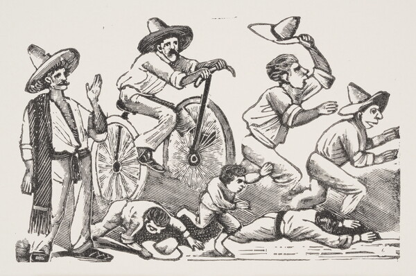 A black-and-white print illustration of a man riding a bicycle as men and children run or watch.