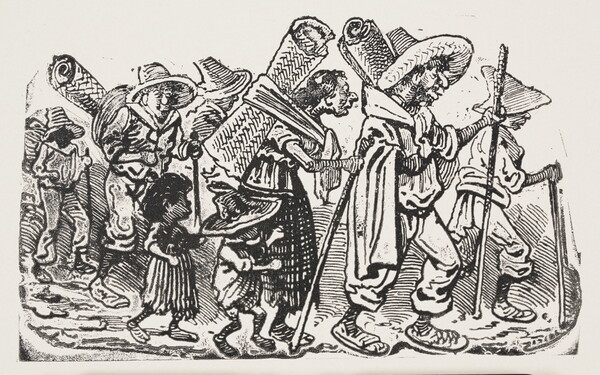 A black-and-white print illustration of a line of adults, many wearing hats, holding walking sticks, and carrying loads on their backs, and children.