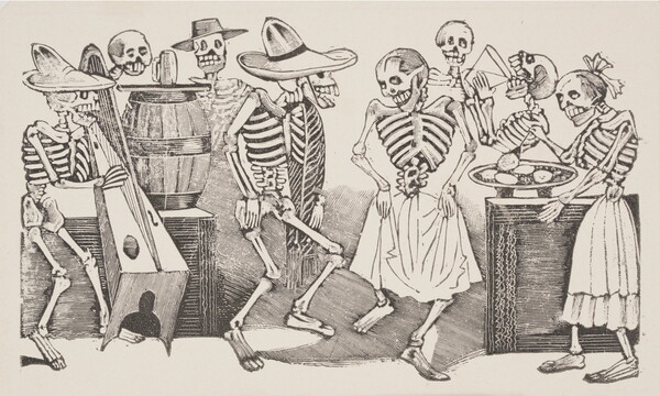 A black-and-white print of a party with a skeleton couple dancing next to a skeleton band as other skeletons eat and drink.