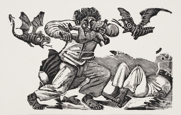 A black-and-white print showing a cartoon-ish man eating a child, and two dragon-like creatures flying around him.
