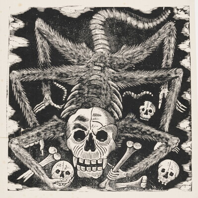 A black-and-white print of a spider with a skull as a head, holding bones and skulls in its claws.