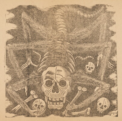 A sepia-toned print of a spider with a skull as a head, holding bones and skulls in its claws.