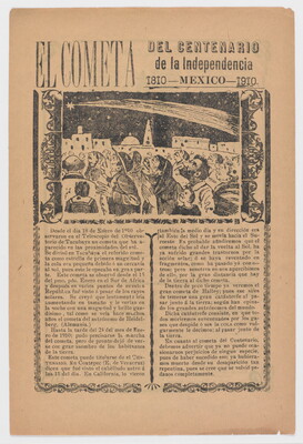 A yellowed black-and-white print of people watching a comet moving through the night sky above a block of Spanish text.