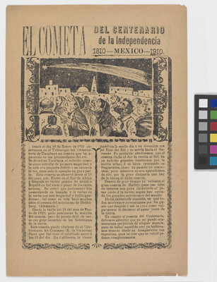 A yellowed black-and-white print of people watching a comet moving through the night sky above a block of Spanish text.