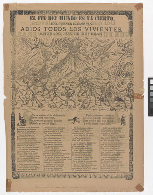 A yellowed black-and-white print of Spanish text beneath an image of an erupting volcano and skeletons running from the blast.