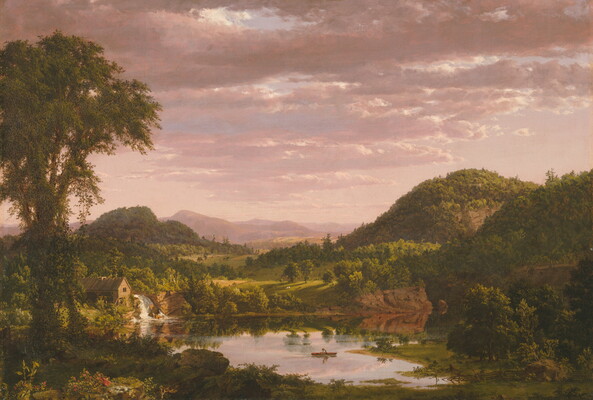 An oil painting of a lush green hills with a cabin nestled near a waterfall that flows into a still pond that reflects the sky.