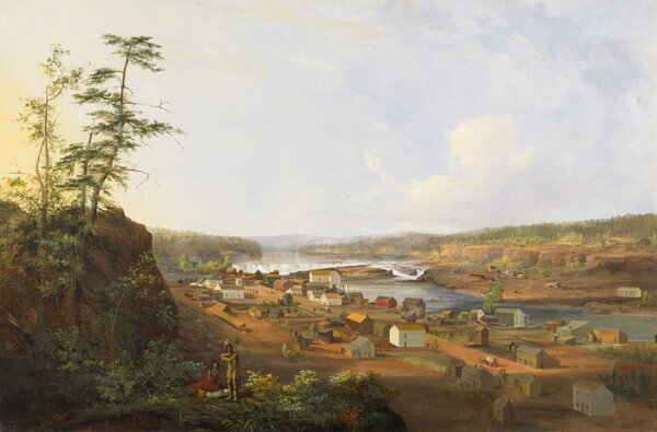 An oil painting of an Indigenous man and woman on a cliff that overlooks a small town on a calm river.