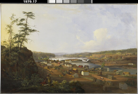 An oil painting of an Indigenous man and woman on a cliff that overlooks a small town on a calm river.