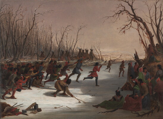 An oil painting of American Indians playing lacrosse on a frozen river as others watch in the snowy landscape.