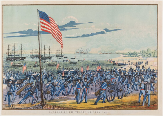 A color print of a large group of soldiers on a beach with cannons on gun carriages as ships sail in the sea.